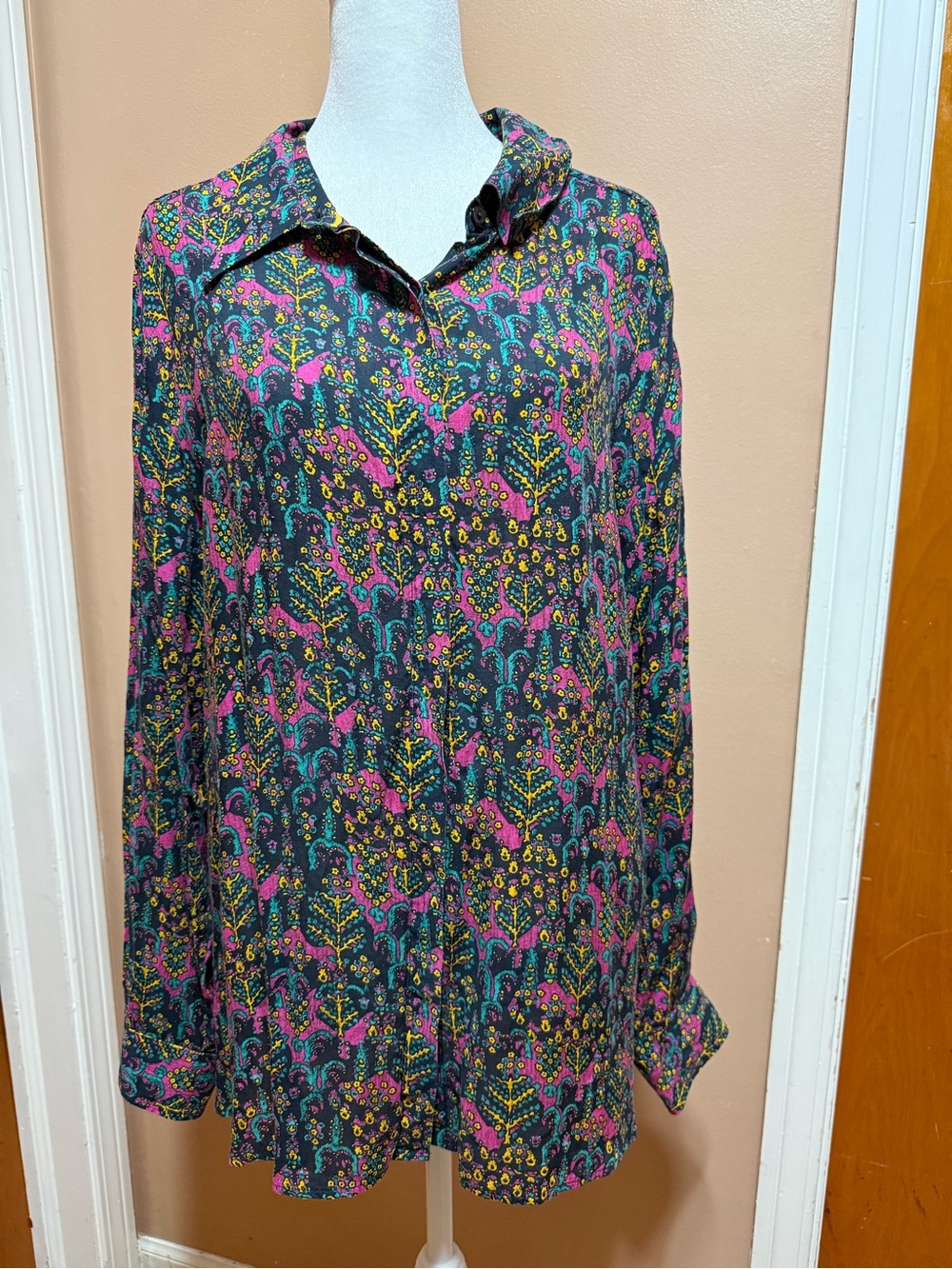 Foxcroft Black Button-Down Shirt with Pink, Teal & Yellow Print
